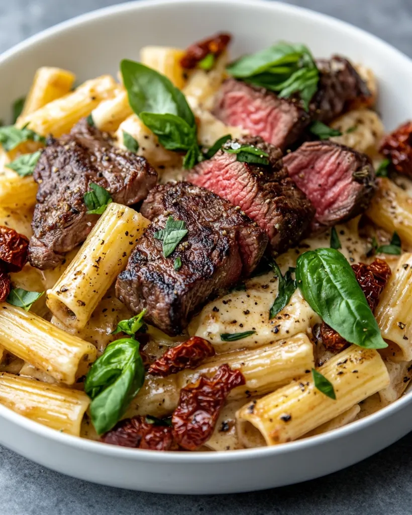 A white bowl overflowing with a delicious pasta dish. Creamy pasta with a rich sauce is topped with perfectly seared steak, sun-dried tomatoes, and fresh basil leaves. The dish looks both hearty and elegant. The contrasting colors and textures make it a visually appealing culinary masterpiece.