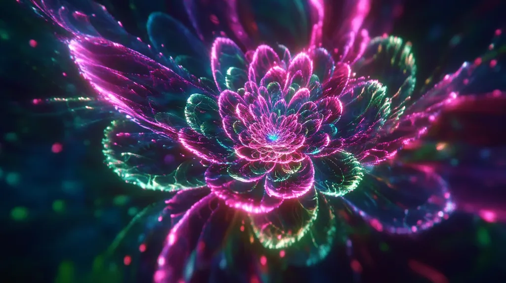 A vibrant, abstract flower blossoms in a swirl of neon pink, purple, and green hues. The petals are delicate and intricate, and the center of the flower glows with a bright light. The background is a dark and mysterious blue. The image is full of energy and movement, and it is both beautiful and ethereal.