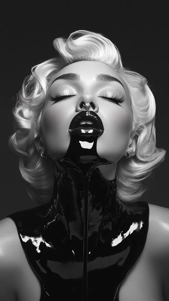 A woman with platinum blonde hair and a glossy black collar is posed in a black and white portrait. Her eyes are closed, and her lips are painted a deep black with a glossy shine, with black liquid dripping down her chin. The image has a dramatic and alluring aesthetic.