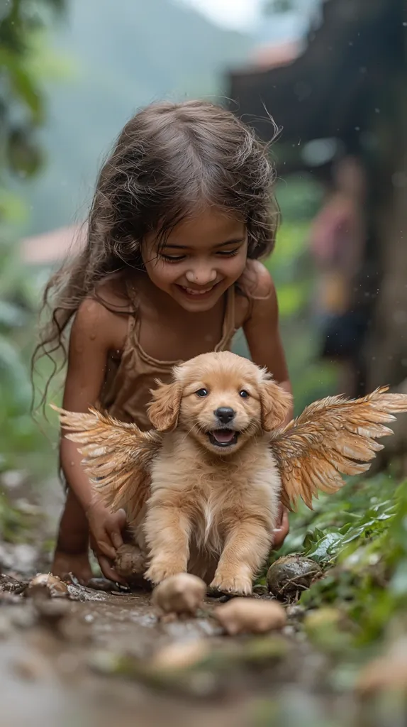 A young girl with long brown hair smiles down at a golden retriever puppy with feathery wings. The puppy is looking up at the girl with its tongue out, and both appear to be in a playful mood. The scene is set in a lush green outdoor environment, likely a forest or park, and the ground is muddy from recent rain. The image captures a sweet and innocent moment of friendship between a girl and her pet.