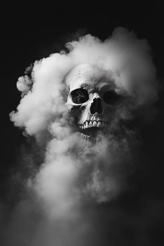 A human skull is partially obscured by a swirling cloud of smoke against a black background. The skull's bony features are visible, as well as its open mouth and teeth. The smoke is thick and billowing, giving the image an ethereal and ominous quality.  The image evokes a sense of mystery and intrigue, with the skull's presence suggesting mortality and the smoke representing something ephemeral and fleeting.