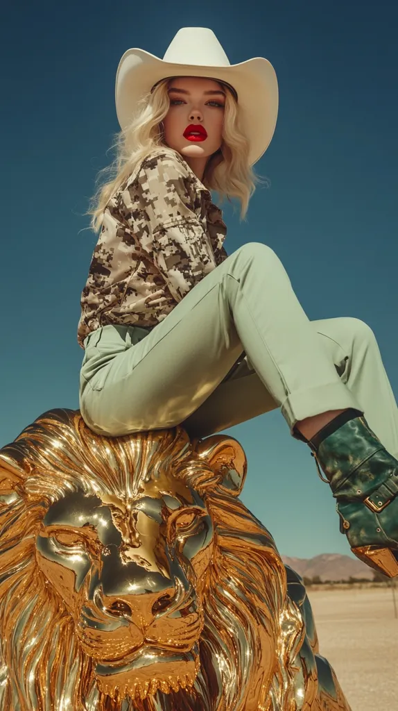A young woman in a white cowboy hat and camouflage shirt sits astride a golden lion statue. She wears green pants and boots, her red lips contrasting with her blonde hair. The desert landscape stretches out behind her, and a clear blue sky provides a dramatic backdrop.