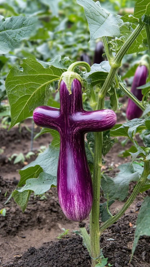 A purple eggplant, shaped like a cross, grows on a vine.  The eggplant has a white stripe running down the center and is surrounded by green leaves. The background is a field of dark soil and other eggplant plants.  The image suggests a unique natural phenomenon, perhaps a symbol of faith or hope.