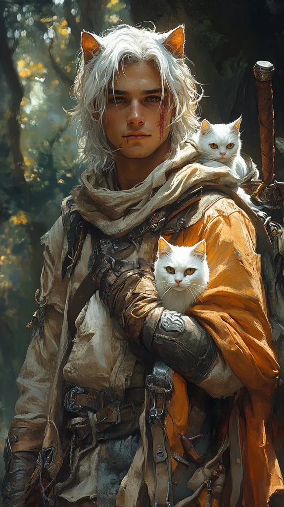 A young man with long, white hair and cat ears wears a long, brown coat with a white scarf. He is holding two white cats, one on his shoulder and the other in his arms. The man has a serious expression and appears to be in a forest setting. His attire suggests he is a traveler or adventurer. The image evokes a sense of mystery and intrigue.