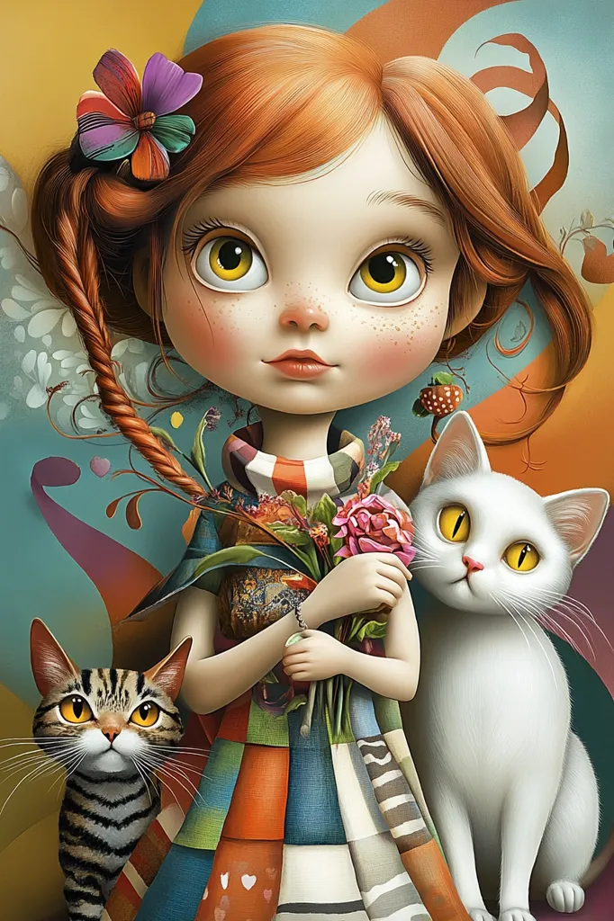 A young girl with large yellow eyes and red hair holds a bouquet of flowers while a white cat and a tabby cat look on. The girl is dressed in a colorful patchwork dress and wears a flower in her hair. The background is an abstract pattern of swirling colors and shapes. The image has a whimsical and charming quality.