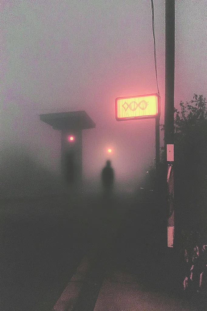 A blurry image of two figures walking through a foggy street. A red neon sign with abstract symbols hangs above them. The street lights are a soft orange, and the fog is thick and ominous. The figures are barely visible, and the overall atmosphere is eerie and mysterious.