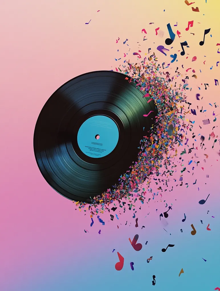 A black vinyl record sits against a soft pink and blue gradient background. The record is partially obscured by a flurry of colorful musical notes and confetti. The image evokes a sense of musical energy and celebration. The abstract arrangement suggests the sound of music and the feeling of joy.  The image is a modern and artistic representation of the power of music.