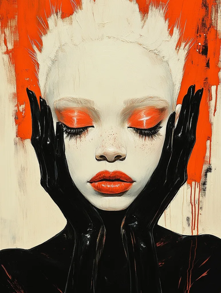 A woman with pale skin and bright red lips is wearing black gloves and has her eyes closed. Her hair is a white, spiky mess, and her face is framed by a bright orange background. The image has a surreal and almost unsettling quality, with a focus on the woman's expression. The brushstrokes are visible and contribute to the overall abstract feel.
