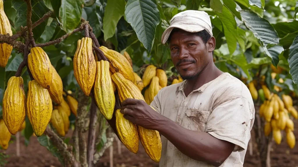 A man in a white shirt and hat stands amongst a cocoa plantation, surrounded by ripe yellow cacao pods. The man looks directly at the camera, with a hint of a smile, his dark skin highlighting the bright yellow of the pods. The image captures the warmth and livelihood of the cocoa farming experience.