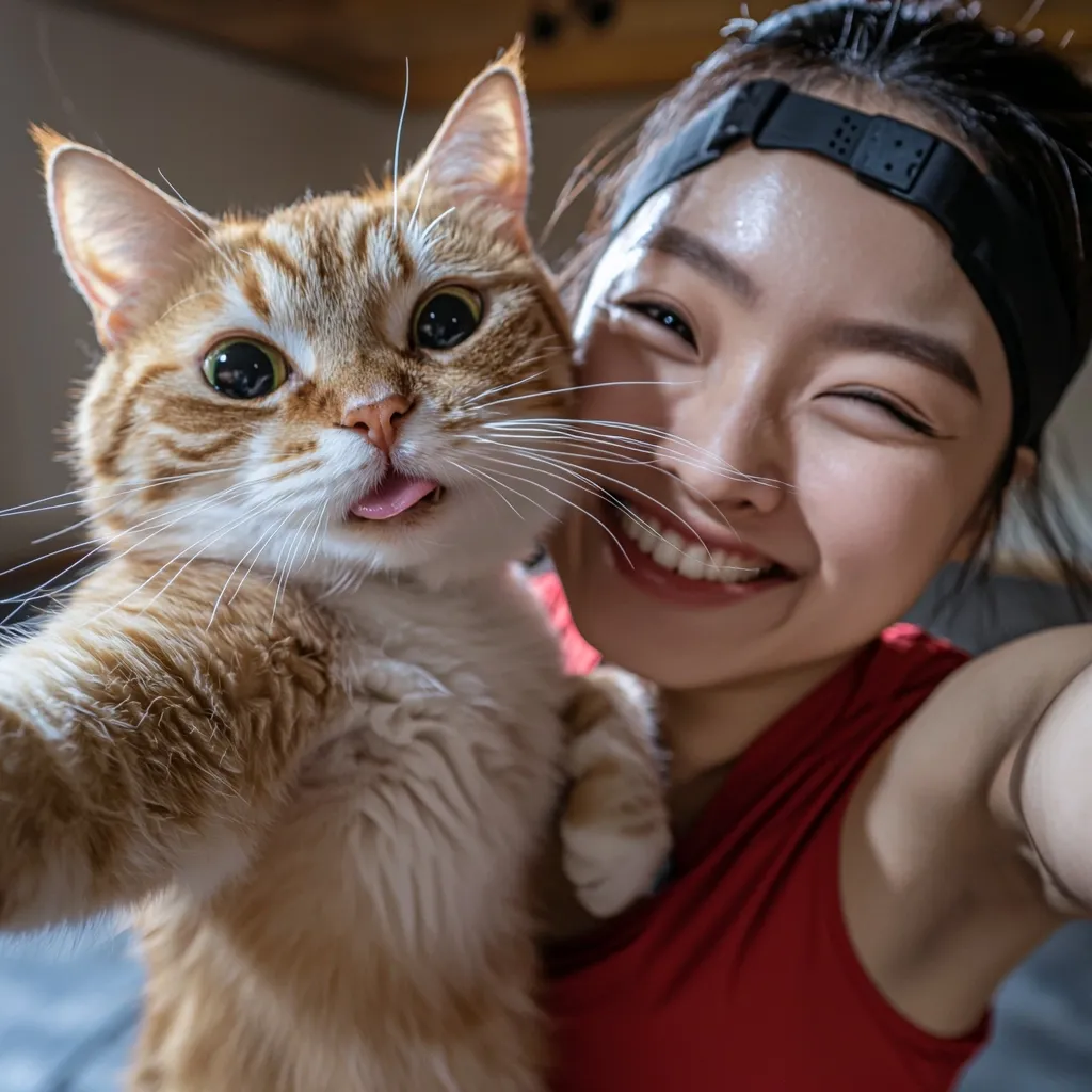 A woman with dark hair, wearing a red tank top and a black headband, is holding a ginger and white cat. The cat is looking at the camera with its tongue sticking out. The woman is smiling and looking at the camera, too. They are both in a close-up shot, with the cat's face taking up most of the image.  The photo seems like it was taken from a selfie.