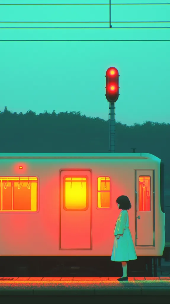 A lone girl stands on a platform, facing a train with the doors open.  The train is illuminated in shades of orange and red, reflecting on the platform below. A red traffic light sits on a pole, signaling the train's arrival. The background is a soft teal, representing the evening sky.  A hint of forest greenery can be seen behind the train.  The image has a soft, dreamy quality.  The girl, dressed in a white dress and black shoes, waits patiently for the train to depart.