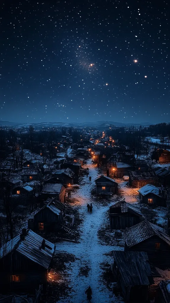 The image depicts a small village under a starry night sky. The houses are mostly wooden, and their windows glow with warm light. A snow-covered path winds through the village, leading towards the horizon. The sky is filled with countless stars, creating a sense of peace and tranquility. The scene evokes a feeling of isolation and serenity, and a sense of history and tradition.