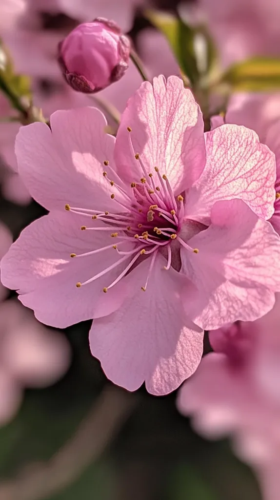 A delicate pink flower with a soft focus background. The flower has a light pink hue with a darker pink center. Its petals are thin and delicate, and the center is adorned with small, yellow pollen. The flower is surrounded by other, slightly out-of-focus blossoms, creating a gentle and romantic atmosphere. The image emphasizes the beauty of nature's simple details.