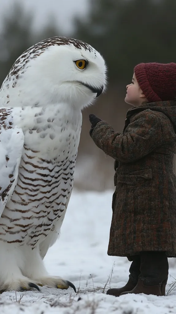A snowy owl stands tall in the snow, its white feathers and sharp yellow eyes contrasting with the snowy landscape.  A young child, wearing a brown coat and a red hat, stands close to the owl, reaching out a hand towards it.  Their faces are close, sharing a moment of connection in the winter wonderland.  The scene is both beautiful and heartwarming, highlighting the innocent curiosity of childhood and the majestic beauty of nature.