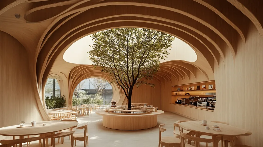 The image shows a cafe with a unique and modern design. The interior is dominated by wood, featuring curved, flowing walls and ceiling. A large tree sits in the center of the room, its branches reaching towards the skylights.  The space is filled with natural light, creating a warm and inviting atmosphere.