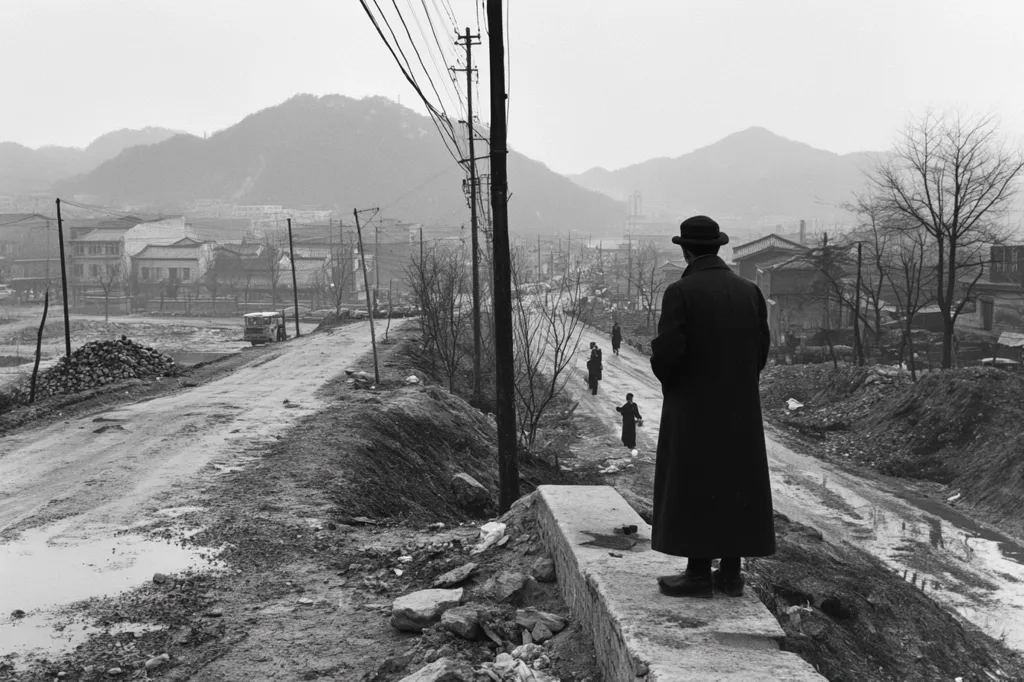 A man in a long coat and hat stands on a concrete ledge overlooking a muddy road. He watches as a few people walk away from him towards a city in the distance. There are hills and trees in the background, and a car can be seen in the middle distance. The scene is black and white and has a somber tone.