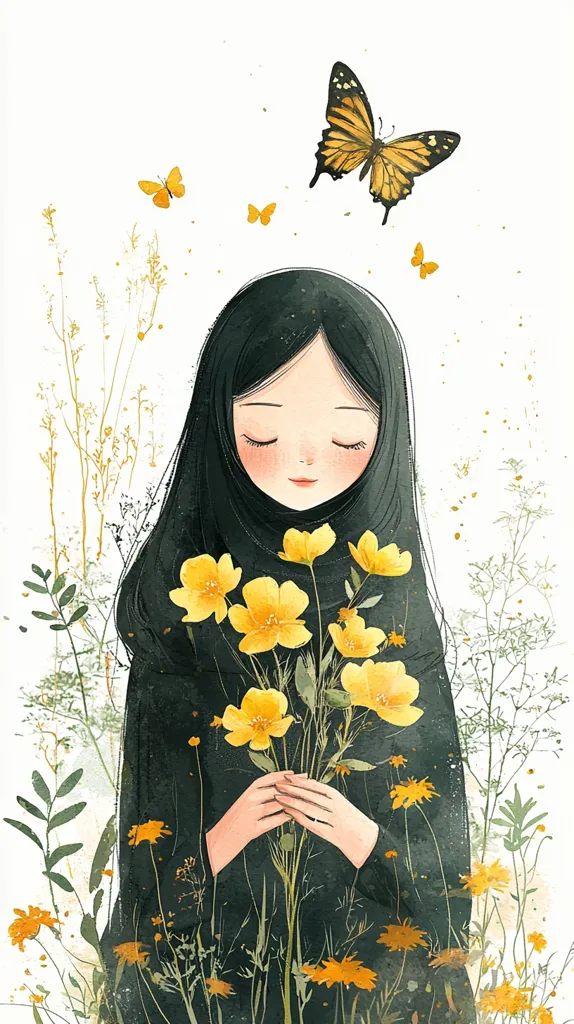 A young woman, wearing a black hijab, stands in a field of yellow flowers, her eyes closed. A butterfly hovers above her, adding to the peaceful and serene atmosphere of the scene. Her hands are gently cradling a bouquet of flowers, suggesting a sense of appreciation and tranquility. The artwork is characterized by soft watercolor strokes and a delicate touch.