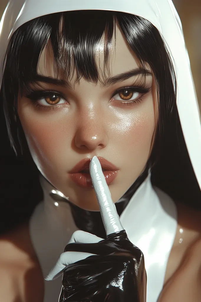 A woman with long black hair and a white hood is looking directly at the viewer.  She has a finger to her lips, signaling silence.  Her eyes are large and expressive, with a hint of mischief in their gaze.  She is wearing a white outfit with a black collar and black gloves. The image has a dark and mysterious feel to it, suggesting secrets and forbidden knowledge.  The woman’s facial features are sharp and defined, with a smooth and flawless complexion.  The image is beautifully rendered, with a strong emphasis on detail.