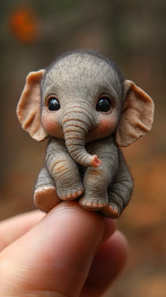 A tiny, realistic-looking baby elephant figurine sits on a person's finger. The elephant has big, round eyes, a wrinkly trunk, and small, pink feet. It is detailed with intricate wrinkles and textures, giving it a lifelike appearance. The figurine is captured in a close-up shot, highlighting its adorable features.  The image evokes a sense of cuteness and wonder, capturing the charm of miniature animal replicas.