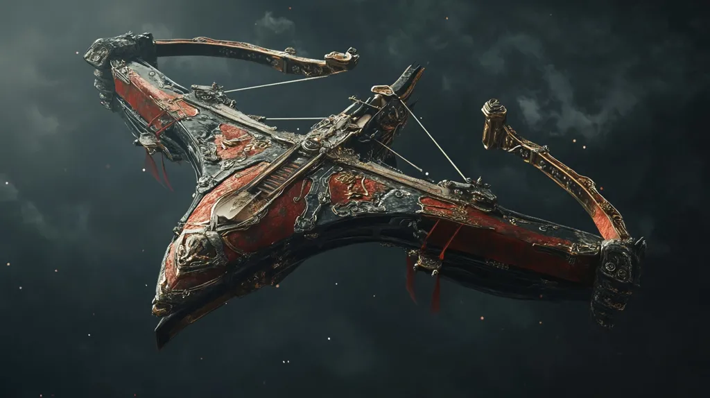 The image shows a detailed, intricate crossbow with a dark metallic body and red accents. The crossbow is adorned with ornate golden designs and appears to be very old. It is floating in a dark, cloudy space, with a few specks of light visible in the background.  The image conveys a sense of power and danger, hinting at its deadly purpose.