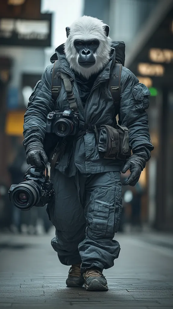 A person wearing a white furry gorilla mask and a dark blue jacket with a backpack is walking down a street. They are carrying two cameras, one on each shoulder, and their feet are visible below the jacket. The background is a blurred city street.  The image has a mysterious and slightly unsettling feel.