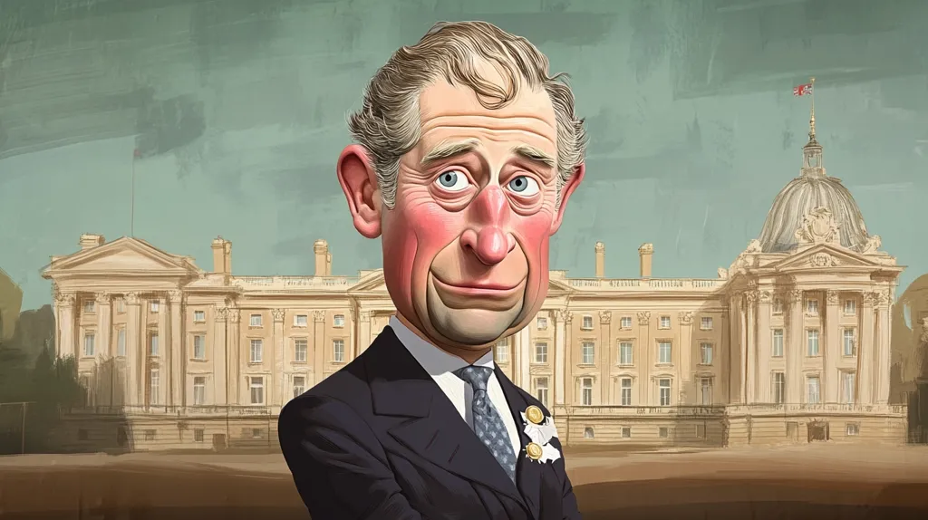 A caricature of Prince Charles is shown in a suit and tie, with a large, exaggerated nose and a wide, toothy grin. He is standing in front of a large, classical building with a dome. The building is light-colored and appears to be made of stone. The background is a light blue-green color, suggesting a sky or a garden. The overall tone of the image is humorous and lighthearted.