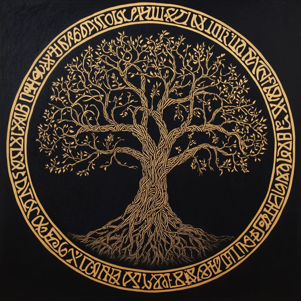 A golden tree of life is depicted on a black canvas. The intricate branches and roots are surrounded by a circle of runes, possibly representing ancient wisdom and knowledge. The image evokes a sense of interconnectedness and the cycle of life. The golden hue symbolizes growth, prosperity, and spiritual enlightenment. The artwork portrays a powerful symbol of resilience and the enduring spirit of nature.