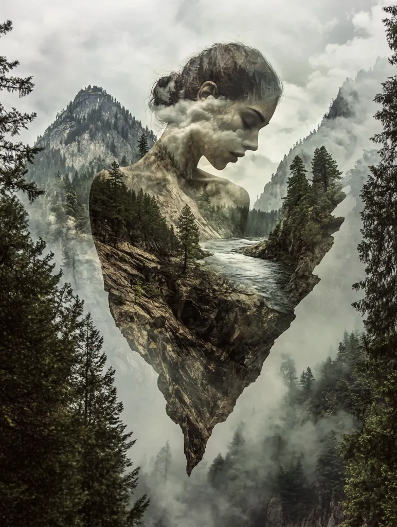 The image is a surreal and dreamlike portrayal of a woman's face merging with a mountain landscape. The woman's face, shrouded in clouds, appears to be weeping, and the landscape below flows into her body, creating a seamless connection between nature and human emotion. The image is dominated by shades of gray and green, creating a sense of mystery and tranquility. The overall effect is one of interconnectedness, reminding us of the symbiotic relationship between humanity and nature.