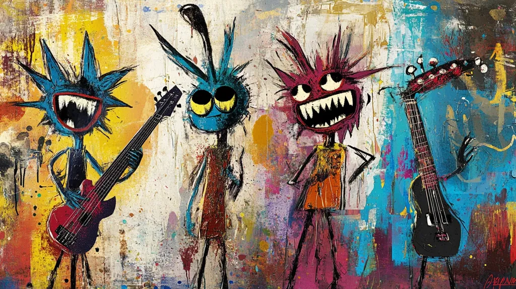 The image is a colorful abstract painting of four figures playing guitars. The figures are stylized and have exaggerated features, with large eyes, wide mouths, and spiky hair. The background is a mix of bright colors and textures, including splashes of yellow, blue, red, and orange. The overall style is playful and energetic. The figures appear to be having fun, with wide smiles and an animated appearance. The image is a unique and whimsical expression of music and art.