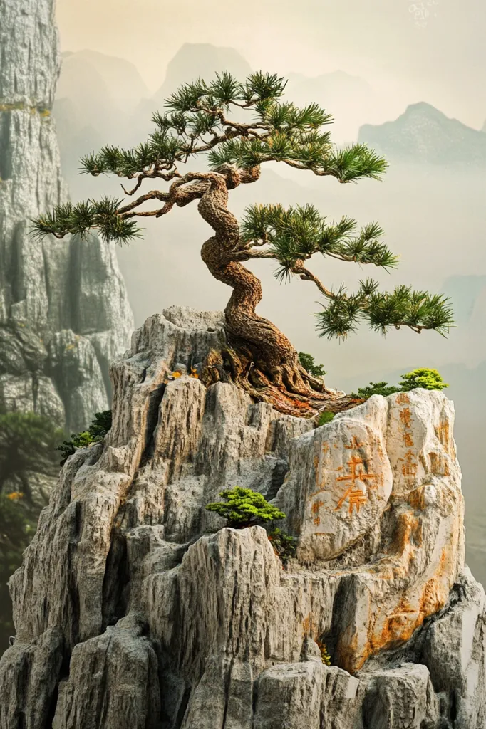 A bonsai tree, with a gnarled trunk and dense green foliage, stands majestically on a rocky outcrop. The tree is dwarfed by towering, grey cliffs in the background, creating a striking contrast of size and texture. The scene is bathed in a soft, ethereal light, suggesting a peaceful and serene atmosphere.  The image evokes a sense of tranquility and the beauty of nature.