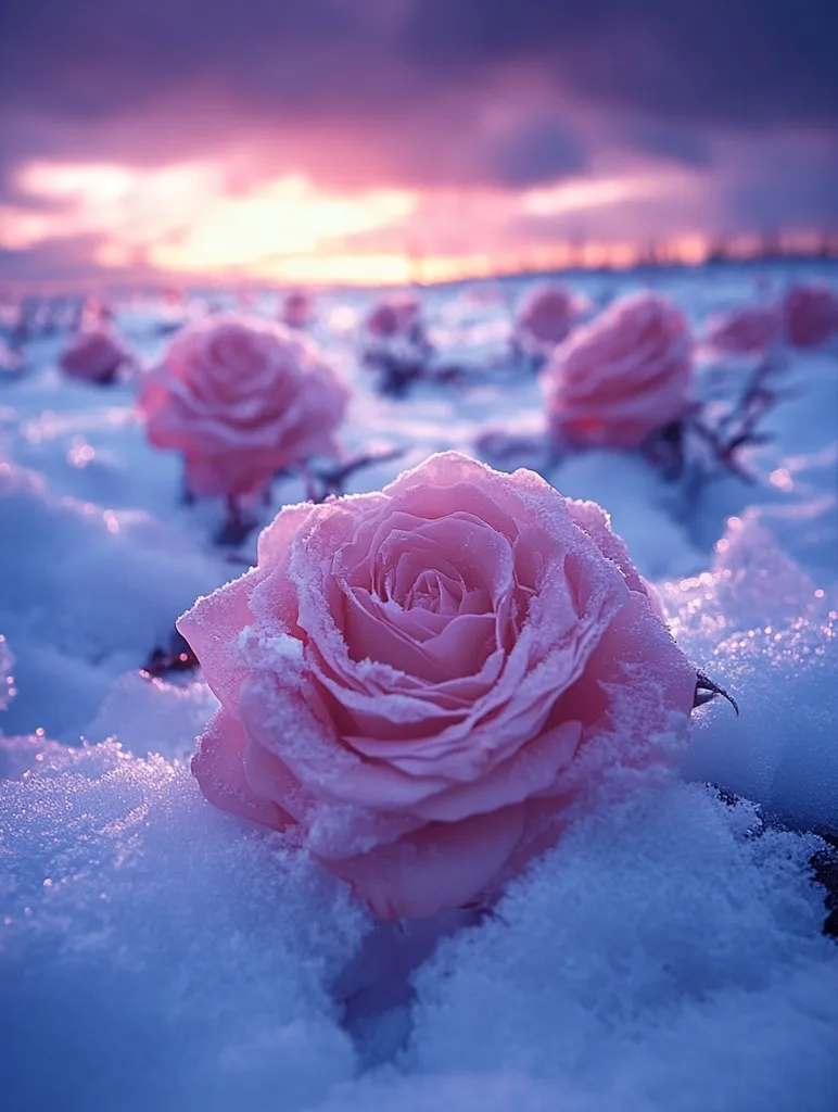 A single, pale pink rose blooms amidst a field of snow, its delicate petals dusted with frost. The rose stands out against the white snow, a symbol of resilience and beauty in the face of winter. The background features a blurred sunset, casting a warm glow over the scene.  The image evokes a sense of tranquility and wonder, with a delicate balance between the harshness of winter and the delicate beauty of nature.