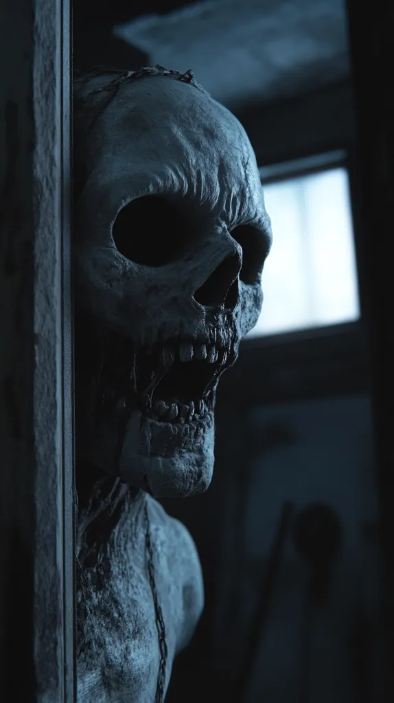 A close-up shot of a skeletal figure with a gaping mouth, partially obscured by a wall. The figure is lit by a dim light, creating a sense of mystery and unease. The figure's skeletal form and the dark, shadowy environment create a chilling atmosphere. The image suggests themes of death, decay, and the macabre.