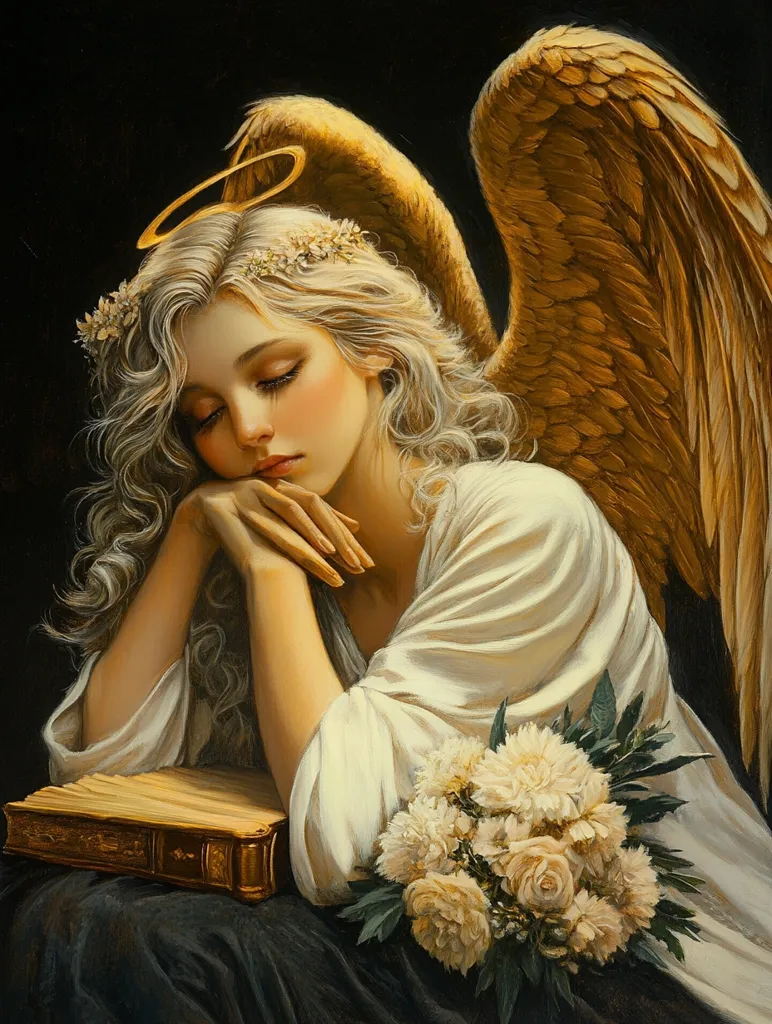 A beautiful angel with golden wings and a halo rests her head on her hands. She is dressed in white and holds a bouquet of cream-colored flowers. A closed, ornate book sits on her lap. Her face is turned downwards, and she appears pensive or sorrowful. The soft lighting and painterly style create a dreamlike atmosphere.