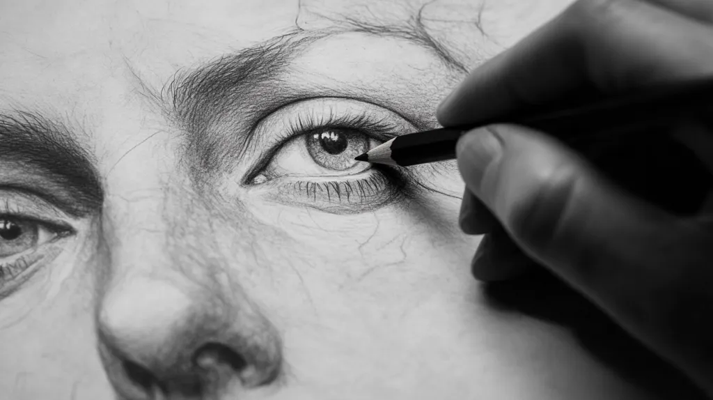 A black and white photo of a hand drawing an eye on a piece of paper. The hand is holding a pencil and is carefully sketching the eye. The paper is covered in graphite lines, and the eye is starting to take shape. The photo is a close-up and the focus is on the hand and the pencil. The light in the image is soft and diffused, and the overall effect is one of peace and tranquility.