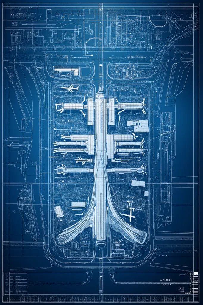 A blueprint of an airport, drawn on a dark blue background. It shows the layout of the airport, including the terminals, runways, taxiways, and parking areas. The blueprint is detailed and includes many lines and symbols, with some of the features labelled.  The image is a technical drawing, highlighting the functional aspects of the airport design.