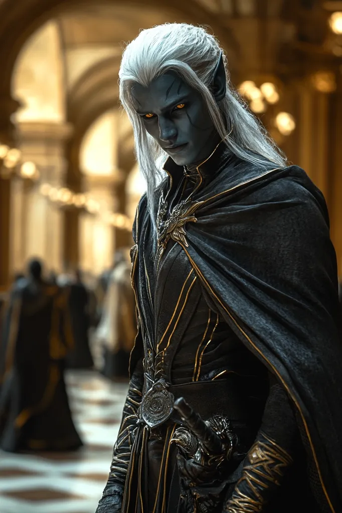 A male figure with blue skin, long white hair and pointed ears stands in a grand hall. He is dressed in a black, gold-trimmed robe with a large, ornate brooch and a sword at his side. He looks directly at the viewer with an intense expression, conveying power and authority. The background is blurred, suggesting a sense of depth and grandeur.  His eyes are a deep, vibrant yellow, adding to his mysterious and otherworldly persona.  The image evokes a sense of fantasy and intrigue.