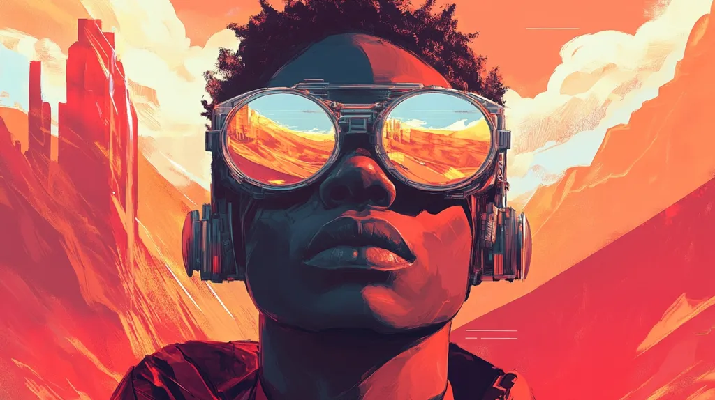 A person with dark skin and curly hair is wearing large, futuristic goggles that reflect a landscape of red rock formations. The person is looking up with their mouth slightly open, and their gaze is directed upwards towards the bright, orange and red sky. The image has a stylized, digital art aesthetic.