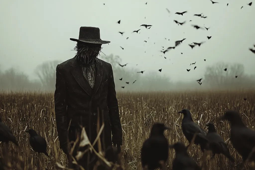 A shadowy figure in a black suit and hat stands in a field of tall grass, their face obscured by a mask of woven sticks. The air is thick with fog, and a flock of crows circles overhead. The scene evokes a sense of mystery and unease.  The figure's pose and the crows' presence add to the ominous atmosphere.