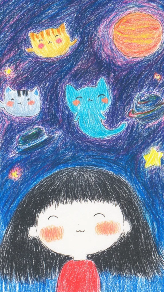 A child with long black hair and rosy cheeks looks up at a starry night sky. The sky is a deep blue with swirling clouds and a large orange planet. Three cute cats, one orange, one blue, and one grey, float amidst the stars and a small yellow star. The image is drawn with colored pencils, giving it a whimsical and childlike feel.  The child seems to be dreaming of a magical world.