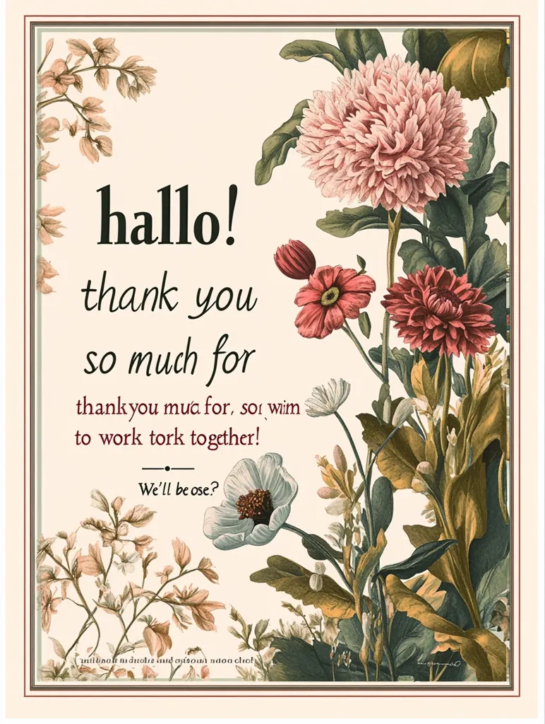 The image is a vintage-style thank you card with a floral background. It features the words "hallo! thank you so much for thankyou muc for, so wim to work tork together! We'll be ose?" in a whimsical font. The card is surrounded by delicate flowers and leaves in shades of pink, red, white, and green.  The text suggests a friendly, humorous tone and possibly a lighthearted request for collaboration.