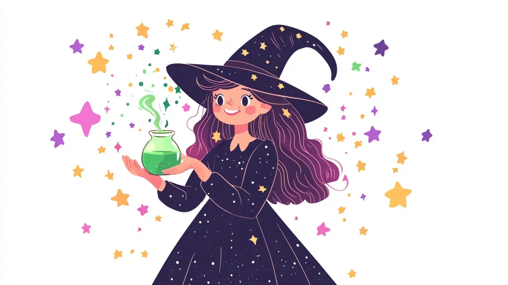 A cartoon witch with long purple hair, wearing a black dress and a pointed hat with stars, holds a bubbling green potion in her hand. She is surrounded by colorful stars. The scene evokes a whimsical and magical atmosphere.