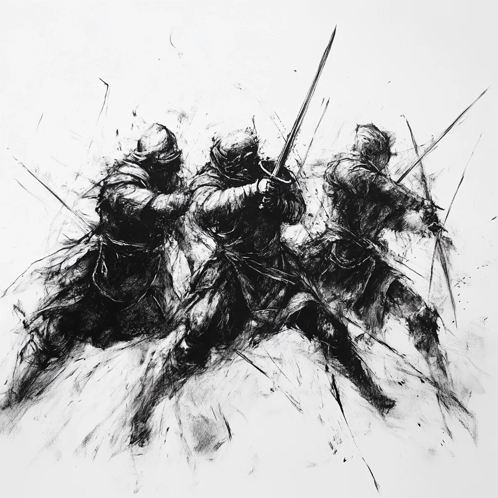 A black and white charcoal drawing of three warriors engaged in a fierce battle. The warriors are depicted in dynamic poses, their swords clashing in a flurry of motion. Their expressions are fierce and determined, conveying the intensity of the fight. The background is a swirling vortex of strokes, suggesting the chaos and movement of the battlefield. The drawing's stark contrasts and bold lines create a powerful and dramatic image of medieval warfare.