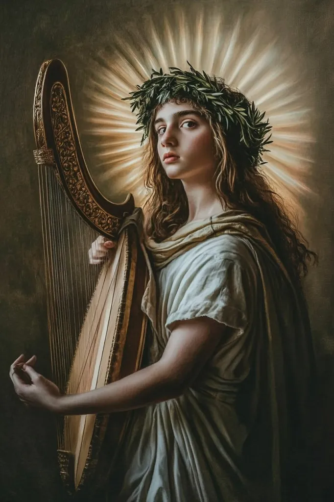 A woman in a white robe and a crown of leaves holds a harp in her hands. She looks directly at the viewer, with an intense gaze. The background is a warm, textured canvas, creating a sense of depth and atmosphere.  A radiant light shines from behind her, suggesting a divine presence.  The image evokes a sense of beauty and mystery.