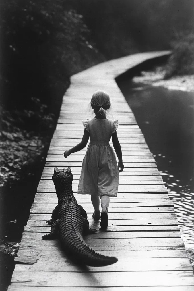 A young girl in a white dress walks down a wooden boardwalk, her back to the camera. A large alligator follows behind her. The scene is in black and white, creating a sense of mystery and suspense. The girl's innocence juxtaposed with the alligator's predatory nature adds to the enigmatic atmosphere. The image captures a moment of unexpected companionship, leaving the viewer to ponder the story behind this unusual pairing.