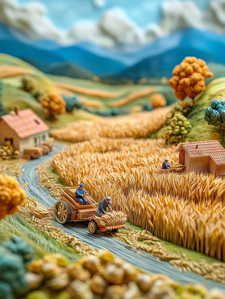 A miniature diorama depicts a rural scene. A small tractor with two figures drives through a field of tall wheat.  The figures are wearing blue work clothes and are harvesting the wheat. In the background, there are two small houses, hills, and a blue sky. The entire scene is crafted from a variety of materials, creating a unique and detailed miniature world.