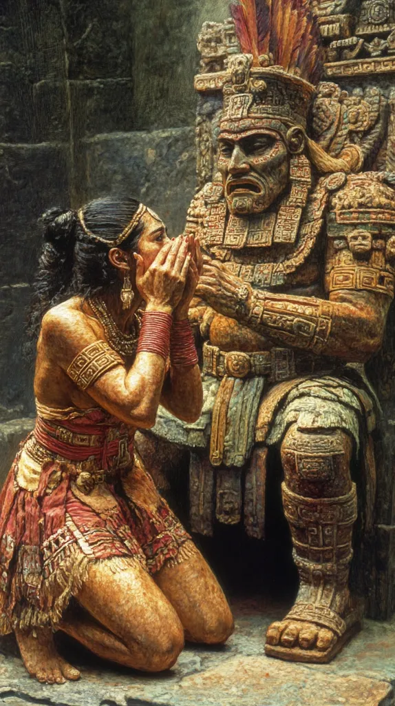 A young woman in a red and gold dress kneels before a large stone statue of a Mayan god. The god wears a feathered headdress and intricate carvings, and he looks down at the woman with a stern expression. The woman holds her hands in front of her face, as if she is praying or begging for forgiveness.  The scene is set in a temple, with stone walls and carvings surrounding them. The image is painted in a realistic style, with rich colors and detailed textures.