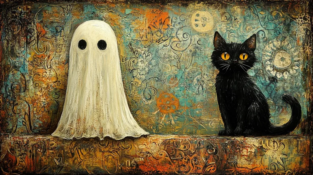 A white ghost with two black eyes stands next to a black cat with bright yellow eyes. The ghost is on the left, and the cat is on the right. They are both looking in opposite directions. The background is a textured canvas with a blue, green, yellow, and orange color scheme.  The artwork is reminiscent of a painting.