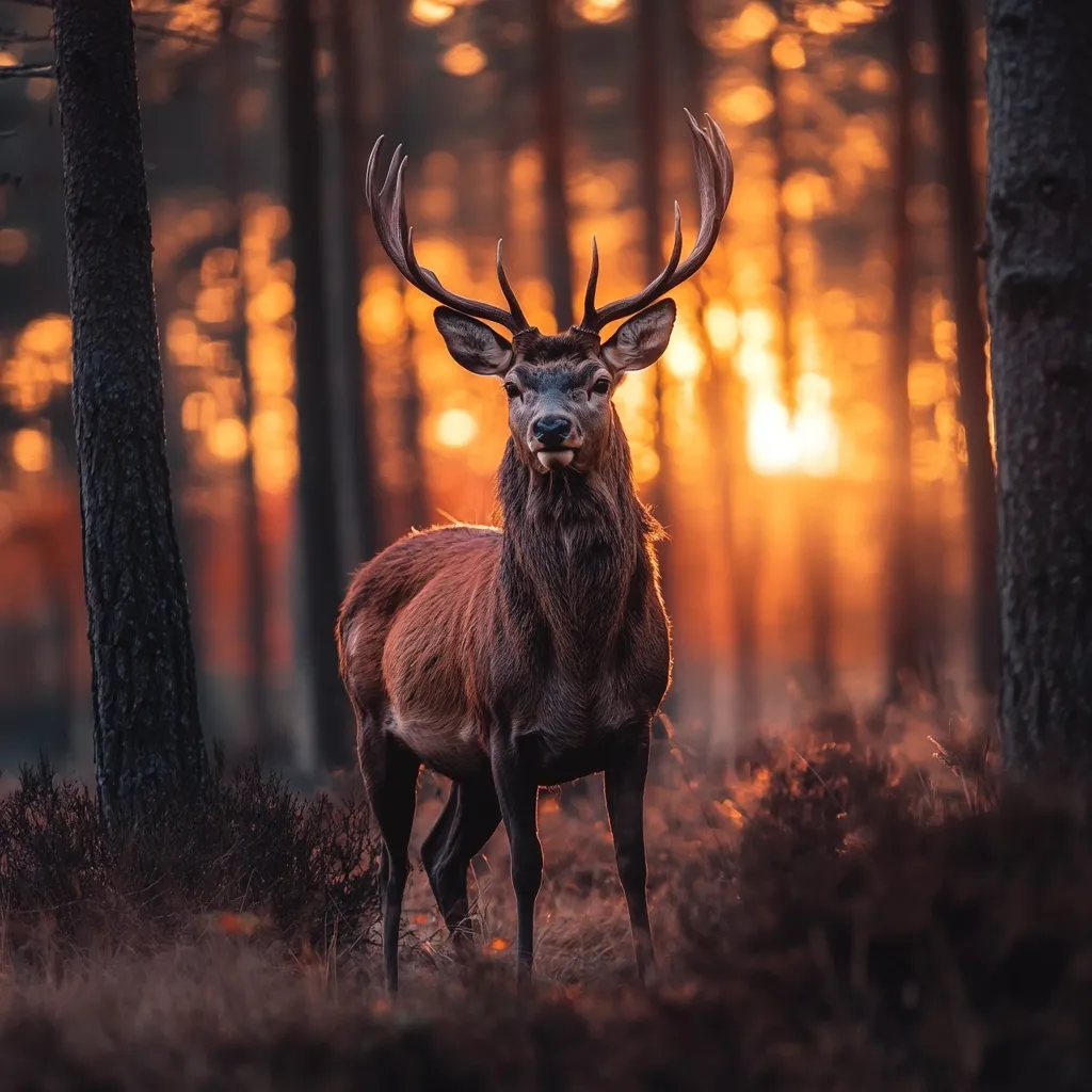 A majestic red deer stands in a forest clearing, its antlers silhouetted against a backdrop of warm, golden sunlight filtering through the trees. The deer's fur is a rich brown, and its eyes are dark and intense. The forest floor is covered in a carpet of dried leaves and brush, and the air is still and quiet.  The image evokes a sense of peace and tranquility, as well as the raw beauty of the natural world.
