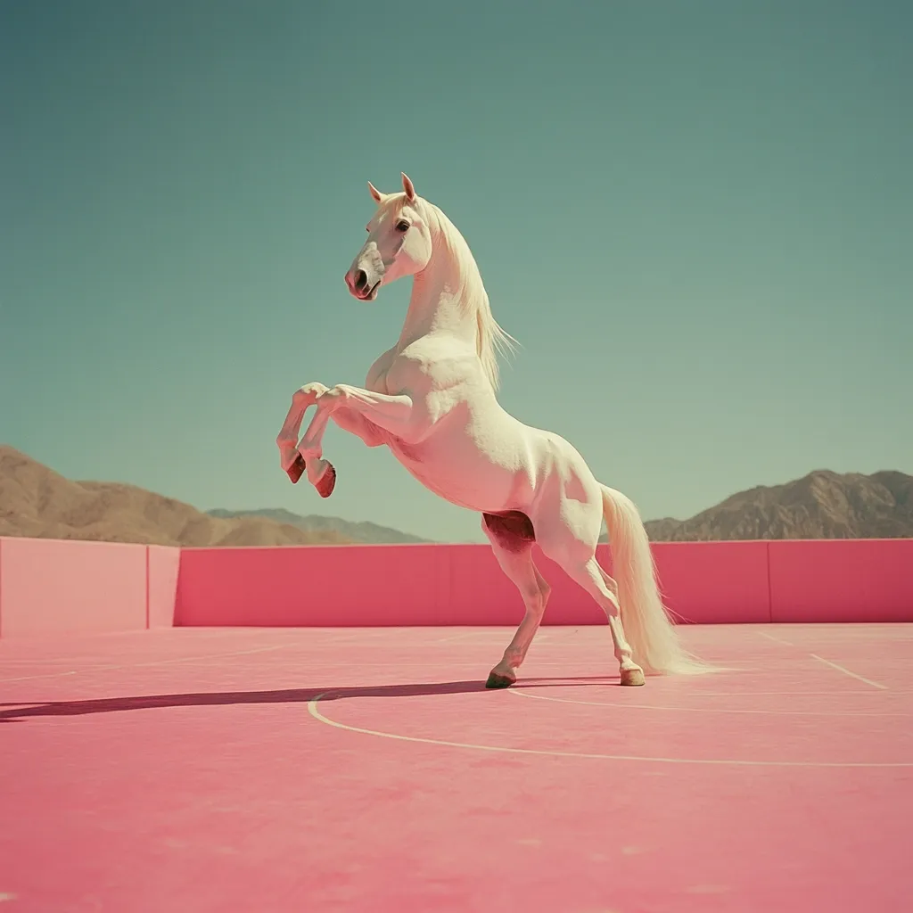 A white horse stands on its hind legs, its front legs raised in the air, on a bright pink court. The horse's mane and tail flow gracefully as it stands tall and proud. In the background, a faint view of brown hills can be seen under a clear blue sky. The image is shot in a vintage style, adding a unique aesthetic.