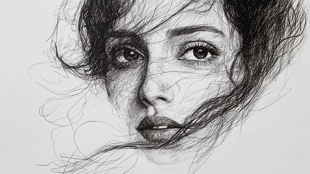 The image is a black and white pen and ink drawing of a woman's face. The artist has used a fine line to create a detailed and intricate portrait, capturing the delicate features of the woman's face, particularly her eyes and lips. The woman's hair flows around her face, adding a sense of movement and dynamism to the composition. The drawing is minimalist and elegant, with a focus on capturing the essence of the subject.